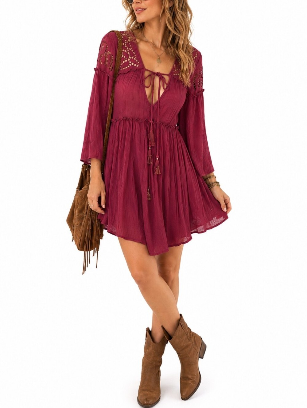 American Eagle Boho Cutout Mini Dress Burgundy Size M